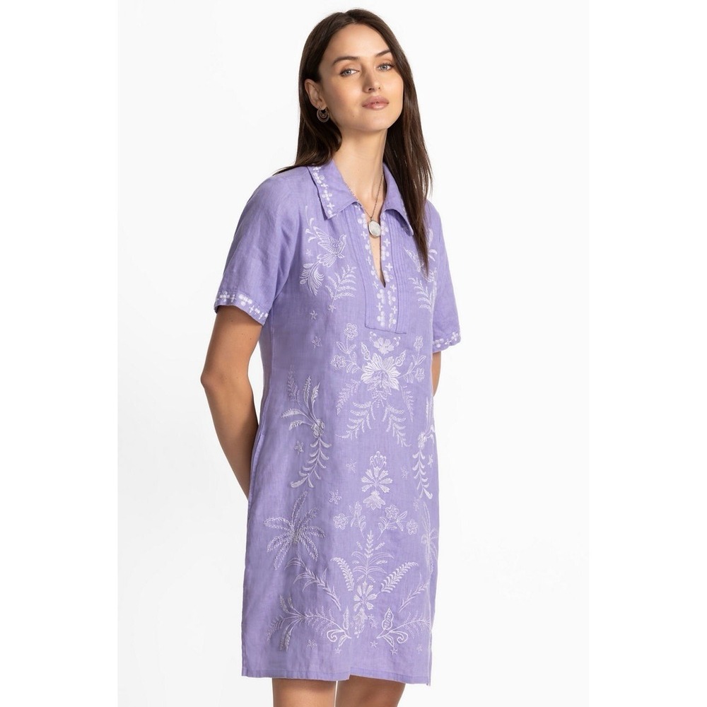 NWOT Johnny Was Linen Henley Collared Dress Sz XS Embroidered Boho Preppy $275 - Picture 2 of 15